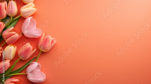 Pink tulips with fresh green leaves on a peach background. Beautiful background for a holiday, Valentine's day, women's day. An empty space for the text.