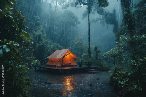 Set up a camping tent in the middle of a forest where it was raining heavily. AI Generated photo