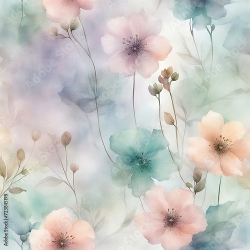 Elegant delicate flowers on a transparent watercolor background. Pastel color palette