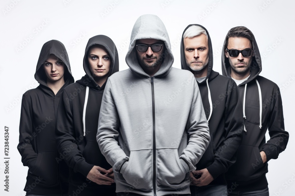 Group of hacker, cybercriminal with laptop stealing user personal data. Hacker attack and web security. Hacker in black hood with laptop trying to cyber attack. Generative AI. Group of hacker, cybercriminal with laptop stealing user personal data. Hacker attack and web security. Hacker in black hood with laptop trying to cyber attack. Generative AI.