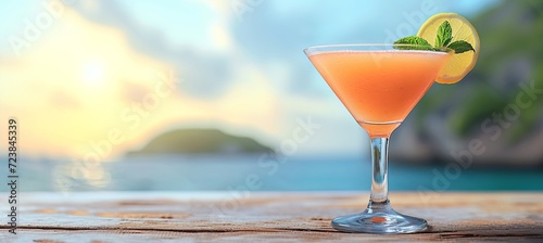 Vibrant tropical daiquiri cocktail with defocused beach background and text space photo