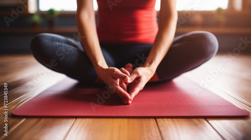 Mid section of woman meditating while sitting on yoga mat at home