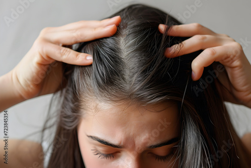Young girl scratching her head and suffering from itchy scalp and hair loss