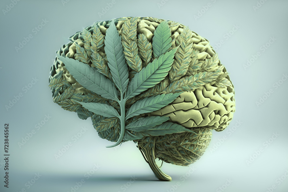 human brain made of hemp (medical marijuana, cannabis) leaves. generated by AI.