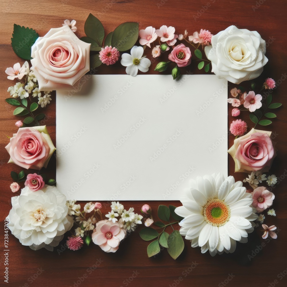A blank white rectangular card surrounded by various flowers on a wooden surface. The flowers include white roses, pink roses, and a single white daisy with a yellow center. A blank white rectangular card surrounded by various flowers on a wooden surface. The flowers include white roses, pink roses, and a single white daisy with a yellow center.