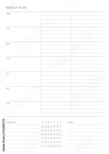 A weekly plan design template in a modern, simple, and minimalist style. Note, scheduler, diary, calendar, planner document template illustration. photo