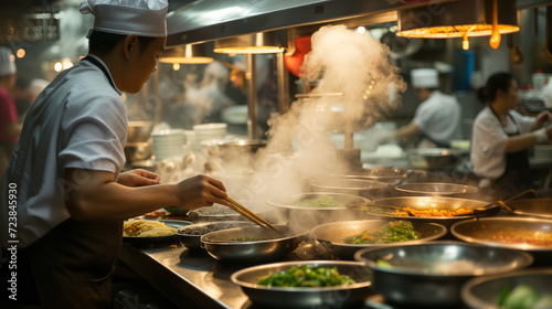 Traditional Asian Cuisine in Motion - Dynamic Food Preparation in a Bustling Open Kitchen Restaurant with Authentic Atmosphere