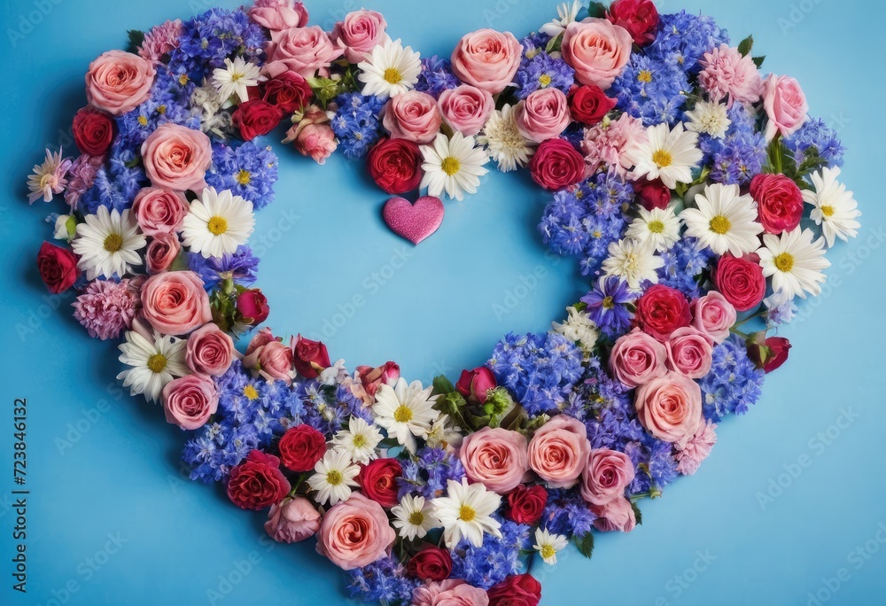 A blue background with a heart made of flowers in different colors, arranged in a top view perspective A blue background with a heart made of flowers in different colors, arranged in a top view perspective