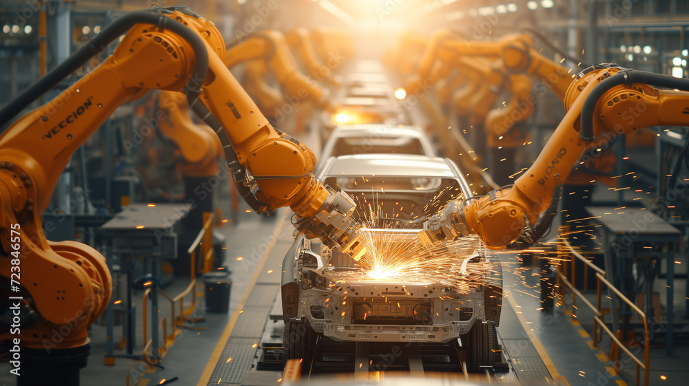 automotive assembly line, where a series of orange industrial robots are intricately assembling a car with precision