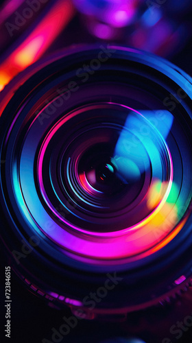 Close up of a camera lens with multicolored lights. Shallow depth of field