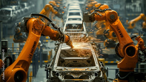 automotive assembly line, where a series of orange industrial robots are intricately assembling a car with precision