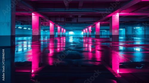 parking structure filled with water, neon pink and blue, minimalist street photography, contrast and light shadow