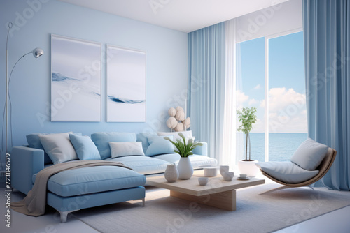 Seating group and decor modern minimal living room interior design sky blue colors © LFK