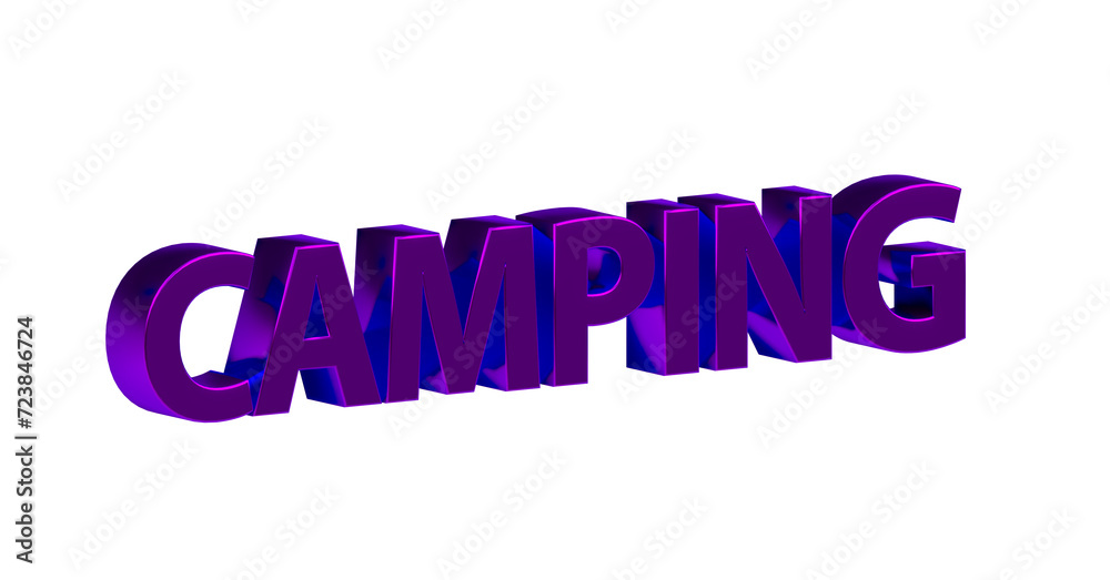 Camping, violette plakative 3D-Schrift, Reisen, Urlaub, Zelten, Natur, Outdoor, Campingplatz, Ausrüstung, Caravan, Campingzelte, Lagerfeuer, Rendering, Freisteller