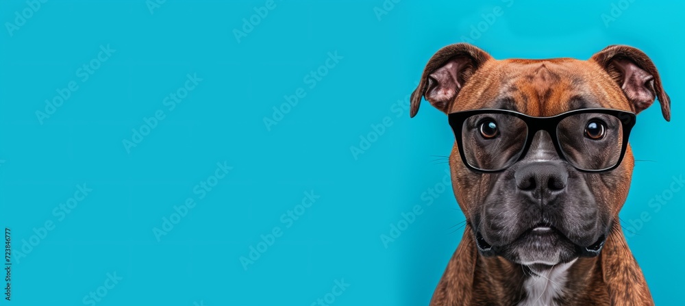 Adorable intellectual dog wearing oversized black glasses on blue background with copy space