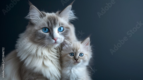 family portrait of a siamese purebred cat mother with her 3 kitties isolated on dark background with copyspace area, generative ai © Chaman