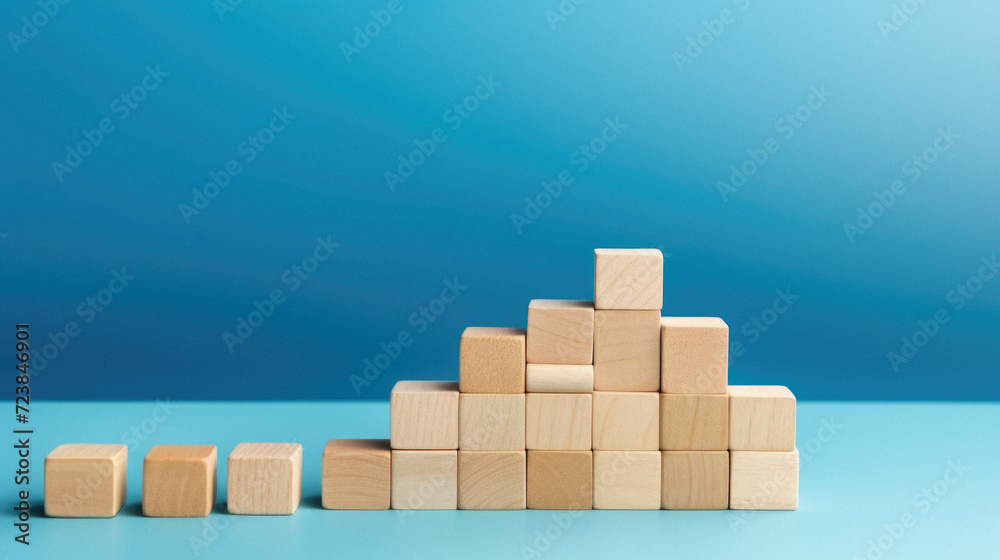 Wooden blocks on a blue background. The concept of growth . Wooden blocks on a blue background. The concept of growth .