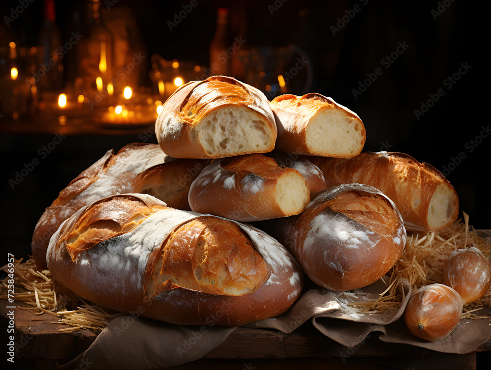 A pile of loaves of bread on a black background