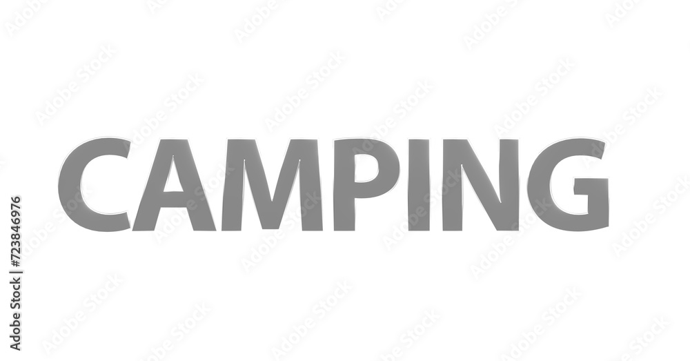 Camping, silberne plakative 3D-Schrift, Reisen, Urlaub, Zelten, Natur, Outdoor, Campingplatz, Ausrüstung, Caravan, Campingzelte, Lagerfeuer, Rendering, Freisteller