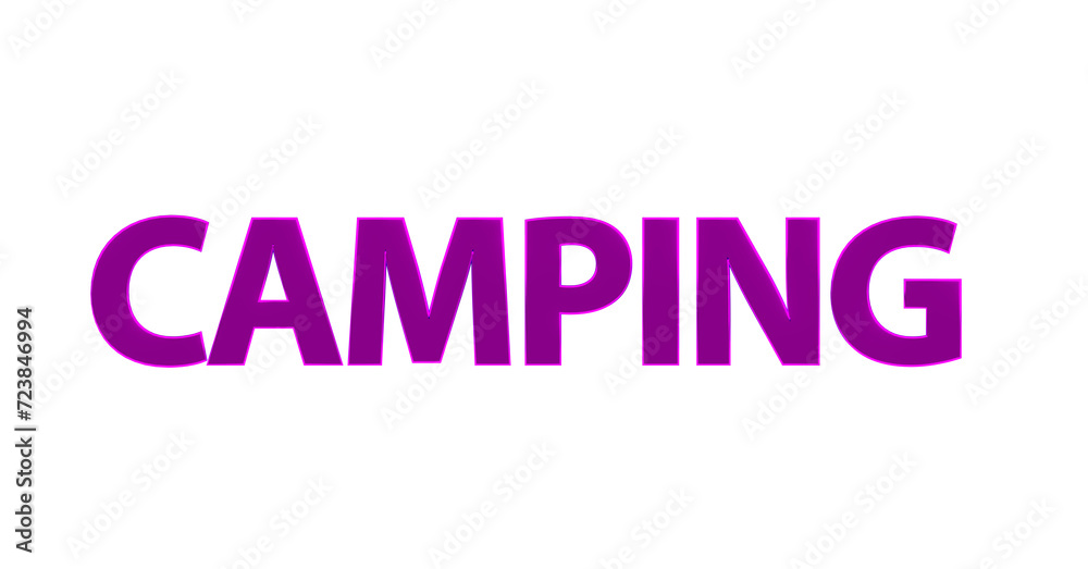 Camping, pinke plakative 3D-Schrift, Reisen, Urlaub, Zelten, Natur, Outdoor, Campingplatz, Ausrüstung, Caravan, Campingzelte, Lagerfeuer, Rendering, Freisteller