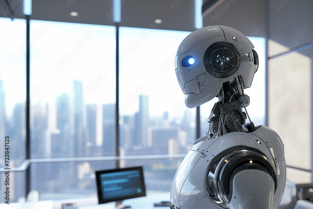 modern robot stands in an office environment, symbolizing the intersection of artificial intelligence and human workspace modern robot stands in an office environment, symbolizing the intersection of artificial intelligence and human workspace