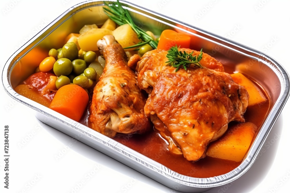 grilled chicken leg with vegetables cooked in tomato soup, INGREDIENTS: tomato soup, carrot pieces, slices potato pieces, green peas, served on aluminum box grilled chicken leg with vegetables cooked in tomato soup, INGREDIENTS: tomato soup, carrot pieces, slices potato pieces, green peas, served on aluminum box