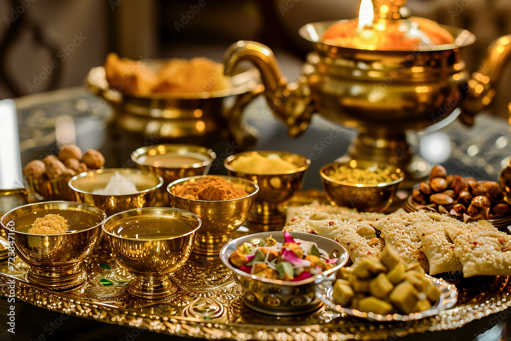 Exquisite Traditional Gold Tea Cups on Ornate Tray Exquisite Traditional Gold Tea Cups on Ornate Tray