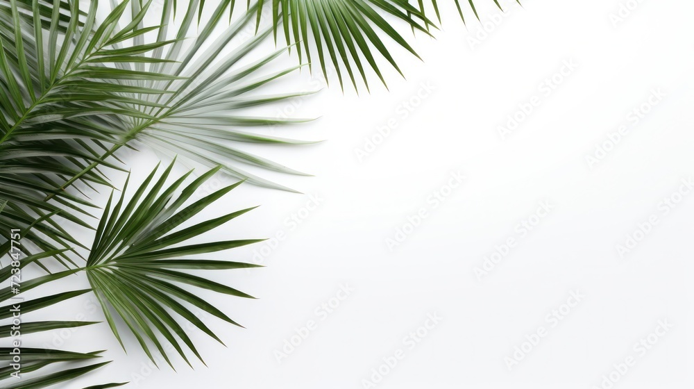 Tropical palm leaves on white background. Flat lay, top view