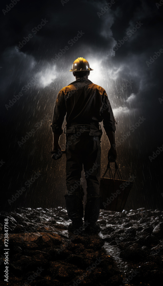 Silhouette photo of miner worker in dark night atmosphere