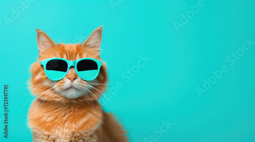 Cute ginger cat wearing sunglasses on turquoise background. Space for text