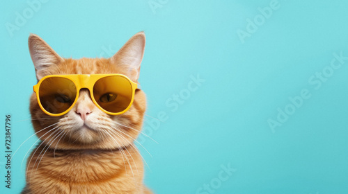 Funny ginger cat wearing yellow sunglasses on blue background with copy space