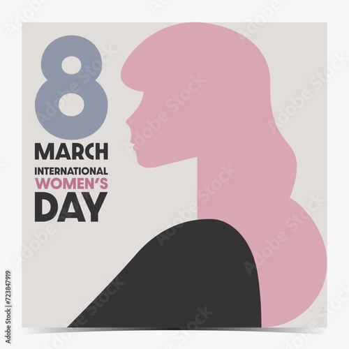 International Women's Day, March 8 minimalistic cover, poster, greeting card, label, flyer, banner with woman silhouette in pink color