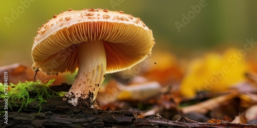 Close-up of a wild mushroom from below, highlighting its gills, with a blurred forest background.