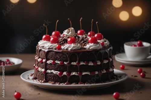 Delicious black forest cake with cherries and whipped cream
