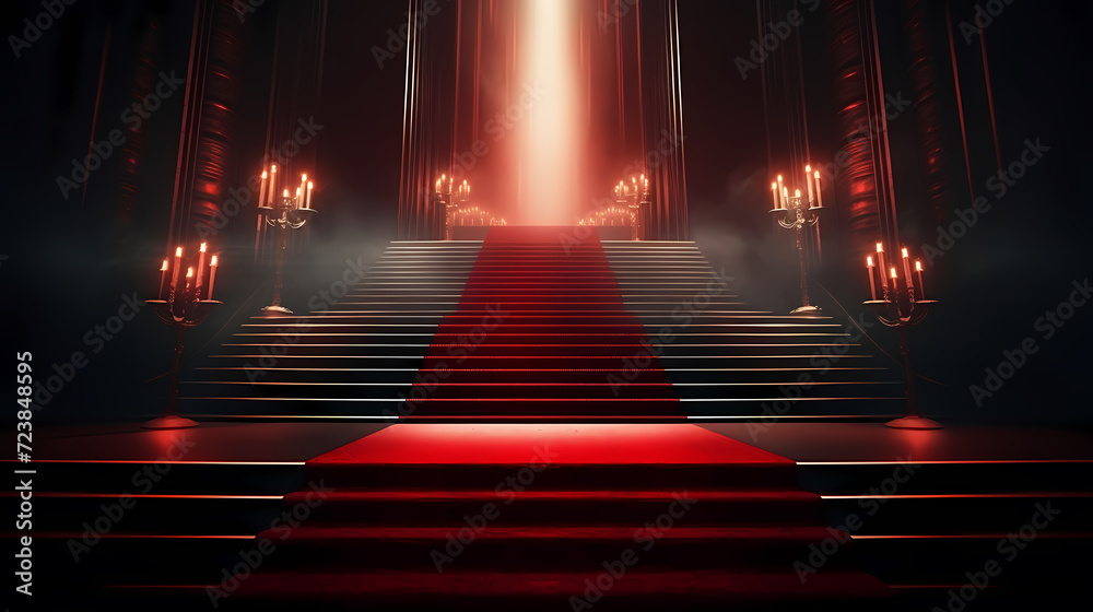 Red carpet on the stairs on dark background, the way to glory, victory and success Red carpet on the stairs on dark background, the way to glory, victory and success
