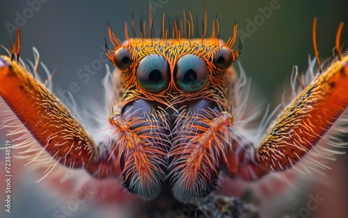 Close-up of a colorful jumping spider with vibrant eyes and detailed hairy texture.