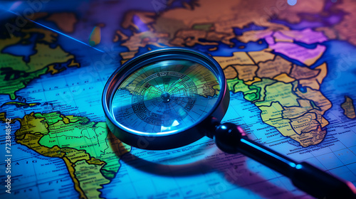 magnifying glass and a compass on world map neon background, travel concept
