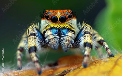 Close-up of a colorful jumping spider on a leaf, showcasing its vibrant patterns and eyes.