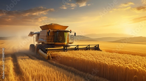 Combine Harvest In Golden Wheat Field With Sunrise background