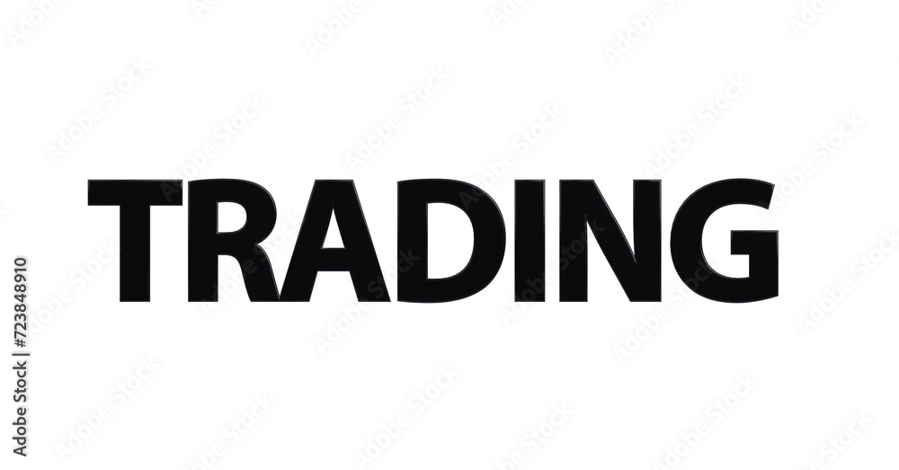 Trading, schwarze plakative 3D-Schrift: Börse, Aktienhandel, Devisenhandel, Daytrading, Kryptowährungen, Handelsstrategien, Online-Trading, Aktienkurse,  Marktanalyse, Rendering, Freistelleer