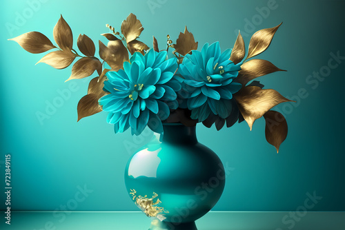 Edle Blumenvase mit türkis und goldfarbenen Blumen, copy space, Wohnen Konzept
