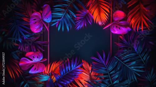 Tropical background with palm leaves and flamingo. Colorful neon light .