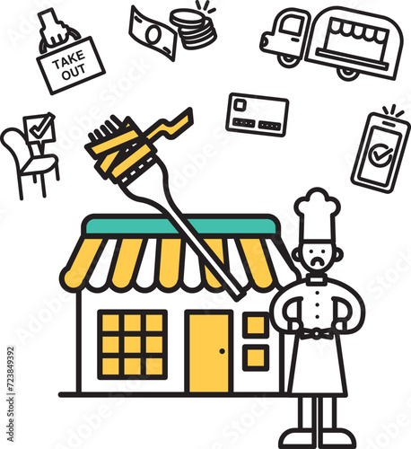 シンプルな線画のパスタ店のイラスト（人物）