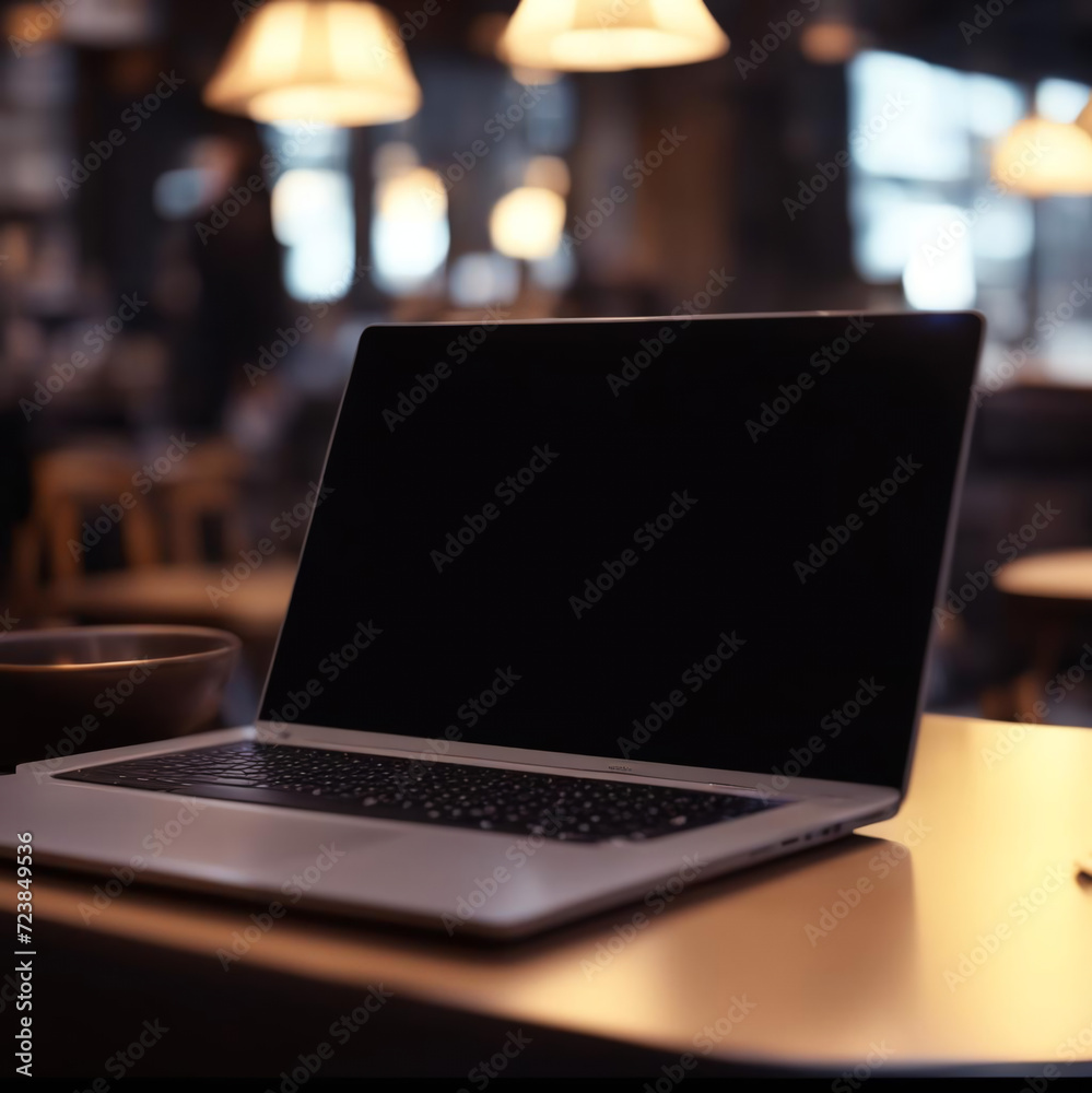 Fototapeta premium The laptop is on the bar in the cafe.