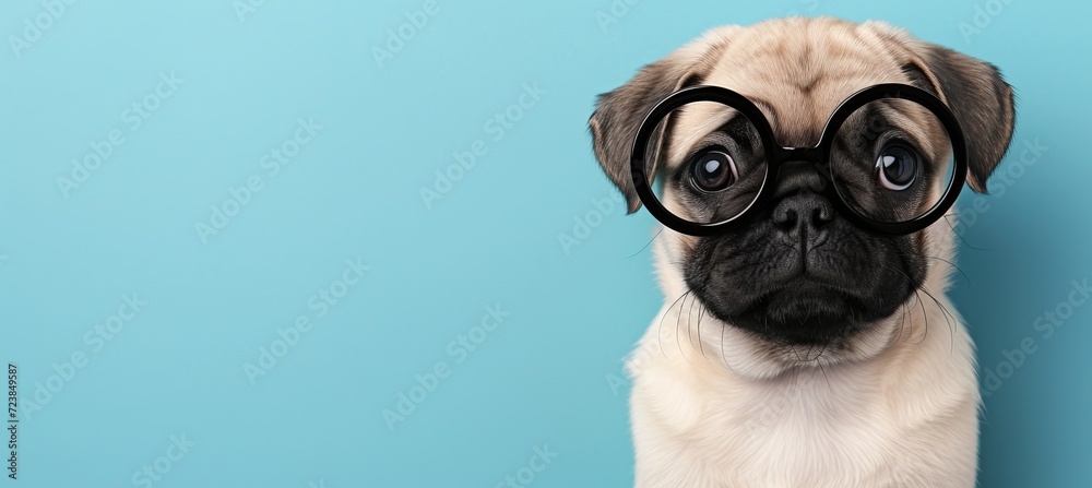 Smart dog wearing stylish black glasses, standing alone on blue background with space for text