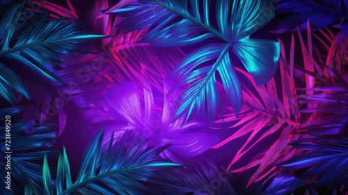 Tropical palm leaves background. Trendy neon colors .