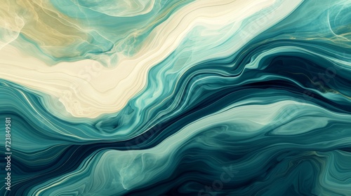 Abstract Wave Painting Background in the Style of Dark Teal and Light Beige - Organic Topography Marbleized Art in Colors Light Green and Aquamarine Wallpaper created with Generative AI Technology