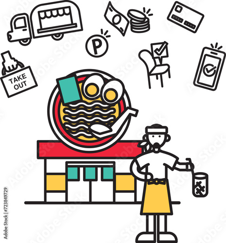 シンプルな線画のラーメン店のイラスト（人物）