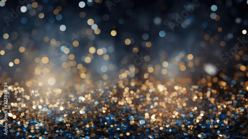 Sky textured space background with gold blue glittering defocused lights