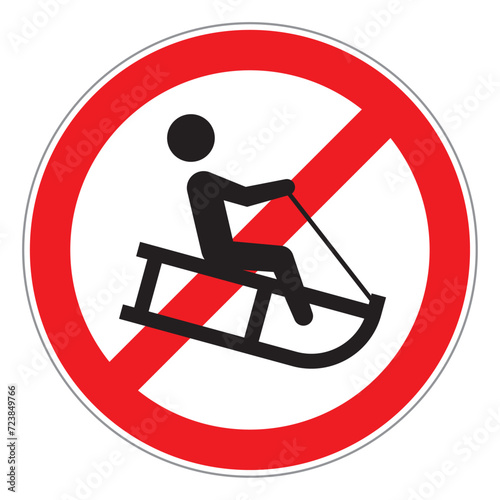Vector red circle sign - black silhouette figure sledding. Symbol of no entry. Isolated on white background.